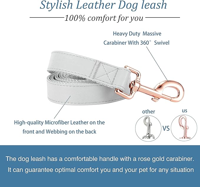 Dog Collar and Leash Set.Soft and Easy to Clean Vegan Leather with Rose Gold Metal Buckle for Small Medium Large Dogs (Grey, M(13.8"-19.7"))