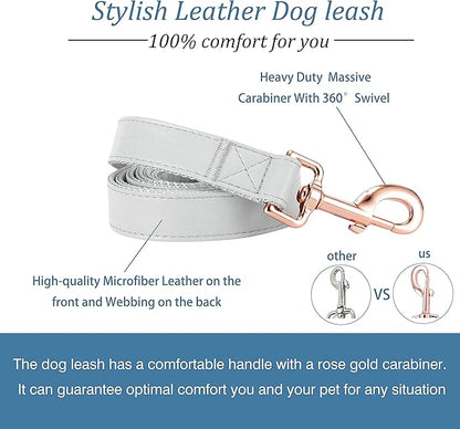 Dog Collar and Leash Set.Soft and Easy to Clean Vegan Leather with Rose Gold Metal Buckle for Small Medium Large Dogs (Grey, M(13.8"-19.7"))