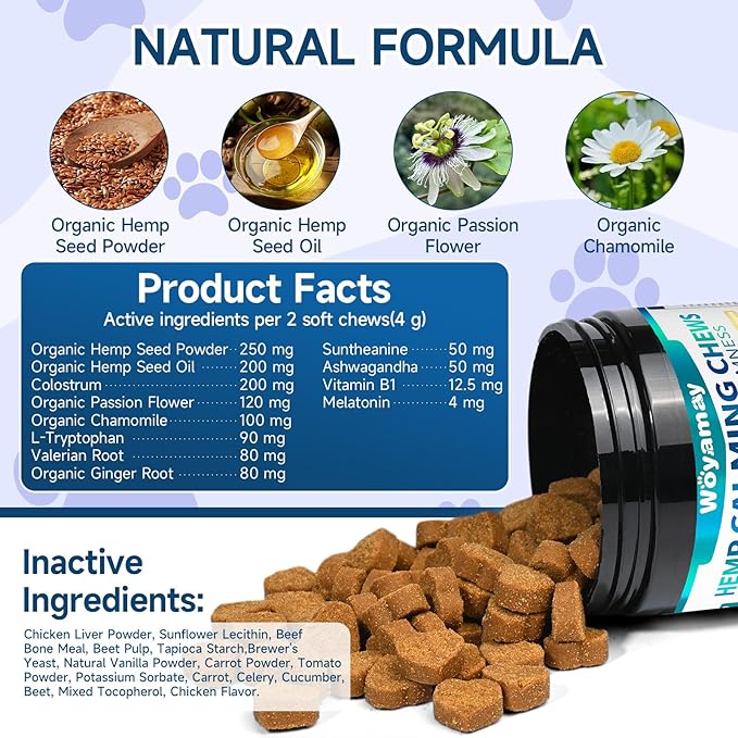 Woyamay Hemp Calming Chews for Dogs, 200 Treats Dog Calming Chews for Anxiety & Stress Relief, Anxiety Relief Treats for Dogs with Hemp Oil, Melatonin Dog Calm Treats for Stress|Sleep|Separation