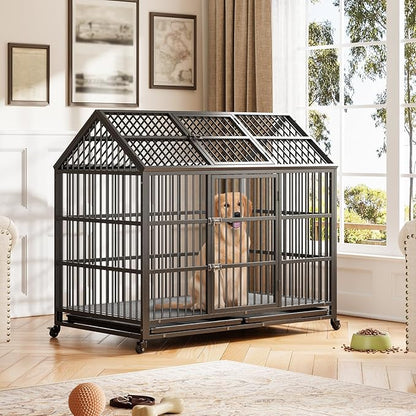 Heavy Duty Dog Crate, 52 Inches Large Metal Dog Kennel with Roof Top, 2 Door Pet Cage with Removable Tray and Wheels for High Anxiety Large Giant Breeds