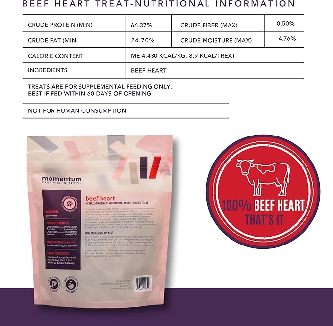 Momentum Carnivore Nutrition Freeze-Dried Beef Heart Dog Treats & Cat Treats – Single-Ingredient, High-Protein, Grain-Free – Made in USA – 3 oz Bag
