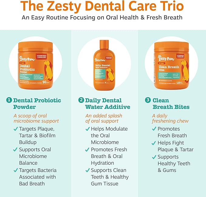 Zesty Paws Probiotic Dental Powder for Dogs Teeth - Fights Plaque, Tartar & Bad Dog Breath - Dog Breath Freshener Powder for Oral Microbiome & Gut Health - Pet Supplement for Teeth & Gums