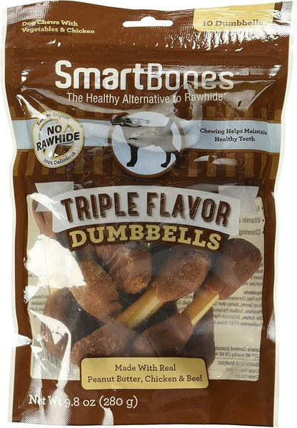 SmartBones Triple Flavor Dumbbells with Peanut Butter 10 Count, Rawhide-Free Chews for Dogs