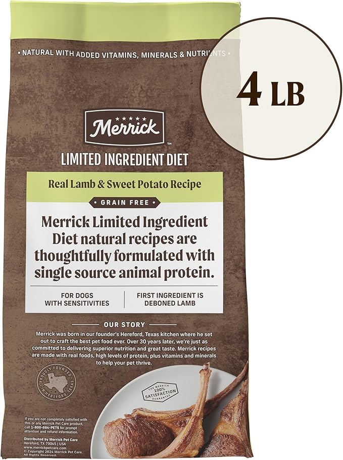 Merrick Limited Ingredient Diet Grain Free Dry Dog Food, Premium and Healthy Kibble with Lamb and Sweet Potato - 4.0 lb. Bag