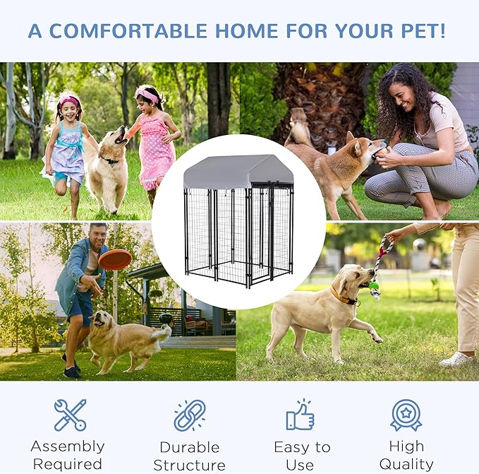 PawHut Outdoor Dog Kennel with Roof, 4' x 4' x 6' Heavy Duty Welded Wire Dog Playpen Enclosure with Escape-Proof Lock, UV-Resistant & Waterproof Cover, for Medium Dogs, Chickens, Ducks, Silver