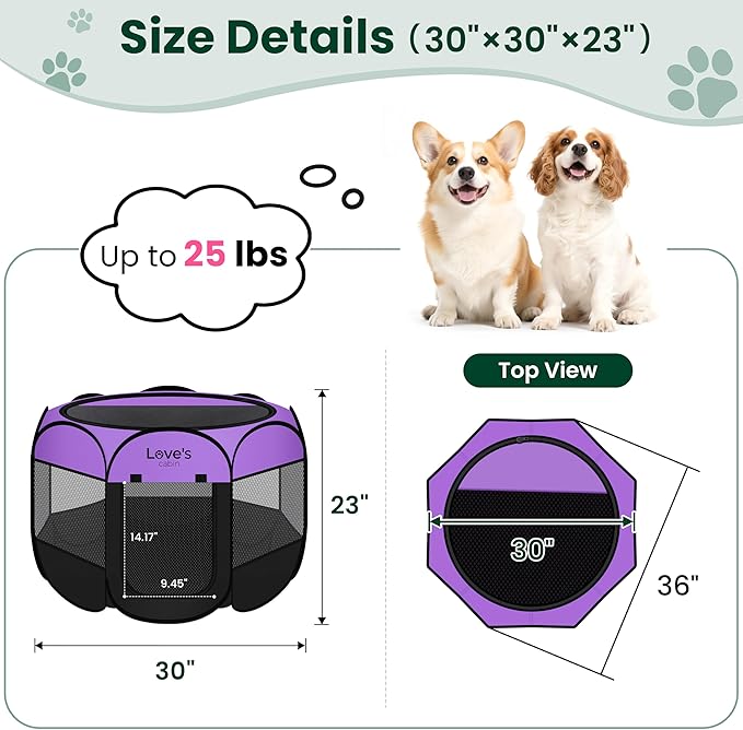 Love's cabin Pet Puppy Dog Playpen, Medium Dog Tent Crates Cage Indoor/Outdoor, Portable Playpen for Cat, Foldable Pop Up Dog Kennel Playpen with Carring Case, Removable Zipper Top, Purple