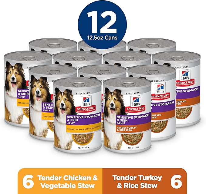 Hill's Science Diet Adult Sensitive Stomach & Sensitive Skin Wet Dog Food Variety Pack, Chicken & Vegetable Stew, Turkey & Rice Stew, 12.5 oz. Cans, 12-Pack