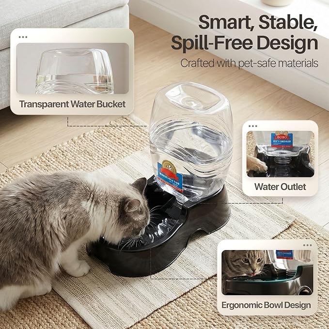 Flexzion Automatic Gravity Pet Waterer for Cat & Dog - Non-Skid & Easy-Clean Auto Replenish Water Dispenser Drinking Bowl (3/8 Gallon / 1.5L), Black