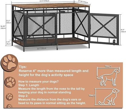 Dog Crate Furniture, Wooden Dog Kennel Table, Heavy Duty Large Indoor Dog House with Three Doors, 43" Large Size (Retro Brown)