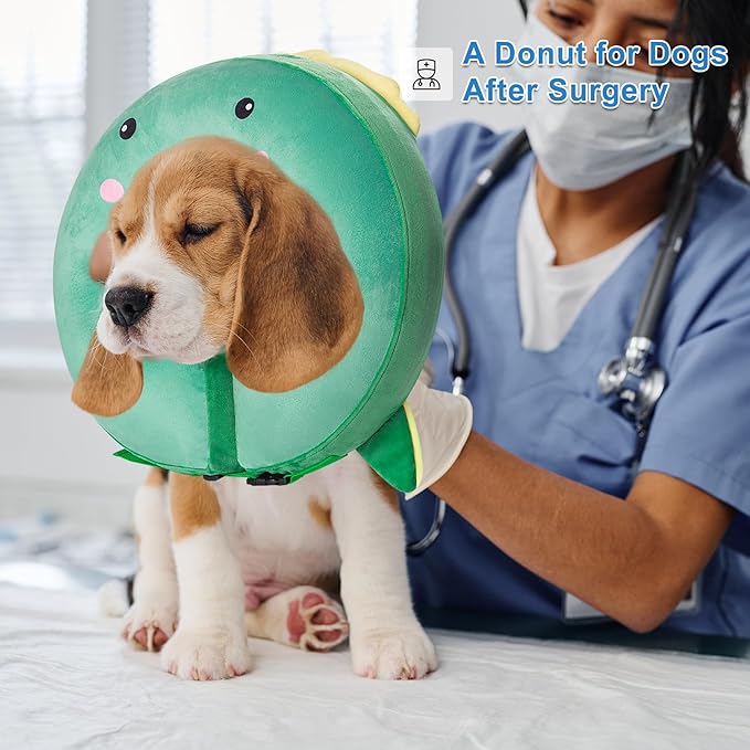 Dog Cone Inflatable Widen Dog Neck Donut Collar, Soft Cone Alternative After Surgery for Large Medium Small Dogs to Stop Licking, Dinosaur, Medium