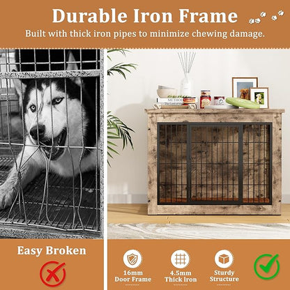 Greesum Modern Dog Crate Furniture That Doubles as a Side Table - Sturdy Wooden Kennel with Double Door Design, Equipped with Soft Cushion & Chew-Resistant Resign, Suitable for Dogs