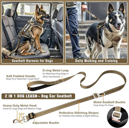 Tactical Dog Harness and Leash Set for Large Dogs,Heavy Duty No Pull Service Dog Vest and 10 Patches with Dog Seat Belt,Reflective Adjustable Pet Harness for Training Walking Hiking Camo L