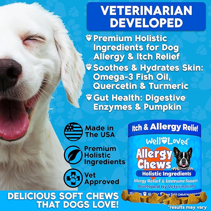 Well Loved Dog Allergy Chews - Dog Allergy Relief, Itching Skin Relief, Hot Spot Treatment & Seasonal Allergies, Vet Developed, Anti Itch Skin Irritation Treatment, Made in USA, 120 Chews