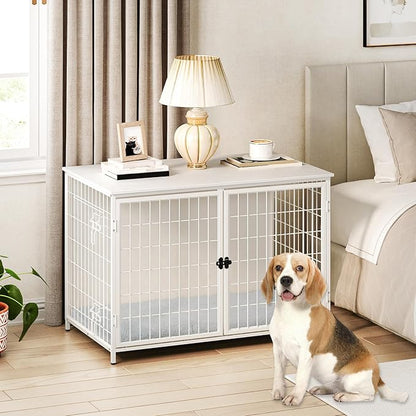 MAHANCRIS Dog Crate Furniture with Cushion, Wooden Dog Kennel with Double Doors, Heavy Duty Dog Cage for Small/Medium/Large Dogs, Indoor Dog House End Table, 39.4" L, White DCBW10701