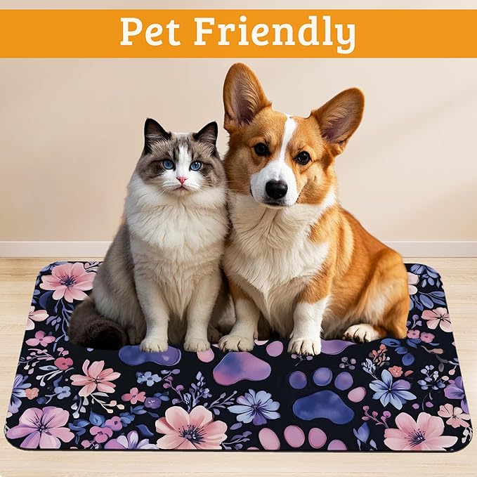 Paw Print Dog Food Mat,Watercolor Flower Absorbent Pet Feeding Mat for Food and Water Bowl,Quick Dry Dog Placemat Non Slip Rubber Backing Waterproof Pet Supplies 12" x 20"