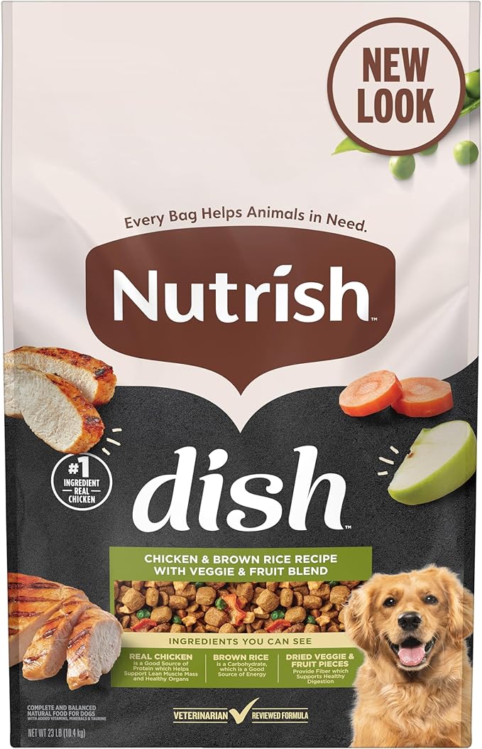 Nutrish Dish Premium Dry Dog Food, Chicken & Brown Rice Recipe with Veggies & Fruit, 23 Pounds