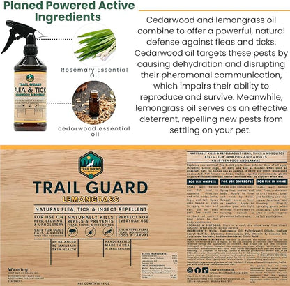 Trail Guard Natural Extra Strength Insect, Flea and Tick Spray for Dogs, Cats, People & Home - 16oz Lemongrass Scented Plant-Based Insect & Tick Repellent - Kid Safe