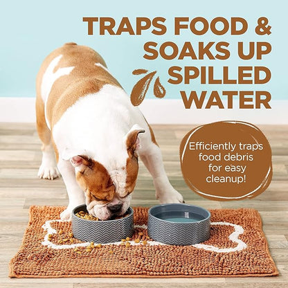 Soggy Doggy Slopmat Dog Food Mat – Absorbent Microfiber Chenille Pet Feeding Mat for Food & Water Bowls, Muddy Paws Small Doormat, Non-Slip, Machine Washable Rug – Caramel/Oatmeal Bone, 18” x 24”