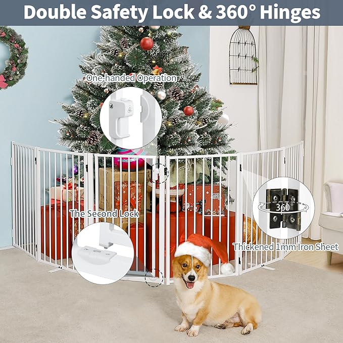 Metal Freestanding Dog Gates with Door for Outdoor Indoor,120'' Extra Wide 32'' Tall Free Standing Dog Gate for Doorways,Large Openings,Deck,Yard,Porch,Foldable Pet Fence(White,6 Panels)