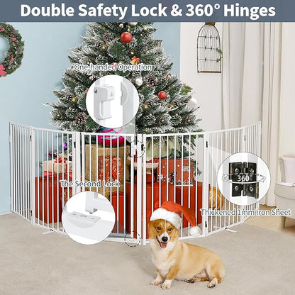 Metal Freestanding Dog Gates with Door for Outdoor Indoor,120'' Extra Wide 36'' Tall Free Standing Dog Gate for Doorways,Large Openings,Deck,Yard,Porch,Foldable Pet Fence(White,6 Panels)