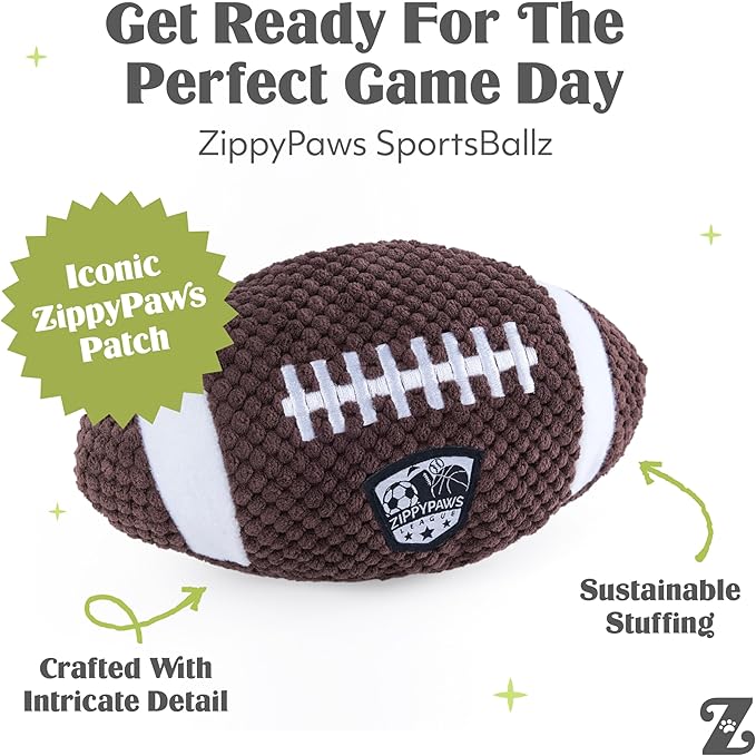ZippyPaws SportsBallz - Dog Squeaky Toys to Keep Them Busy, Funny Plush for Small, Medium, & Large Dogs, Cute Stuffed Puppy Toy, Pet Products, Gift for All Breeds - Football & Basketball
