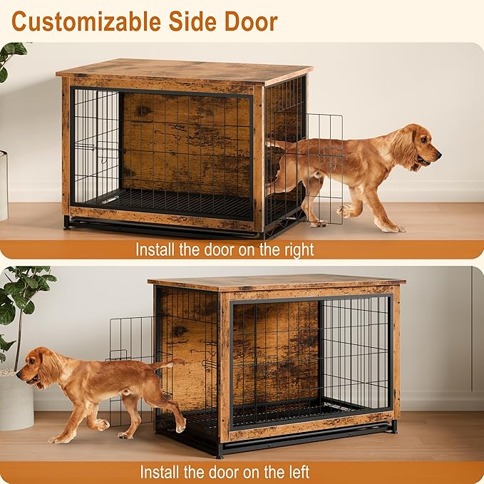 Vongrasig Dog Crate Furniture, Side End Table, Modern Wooden Kennel for Dogs Indoor, Heavy-Duty Dog Cage with Multi-Purpose Removable Tray, Double-Door Dog House, Rustic Brown