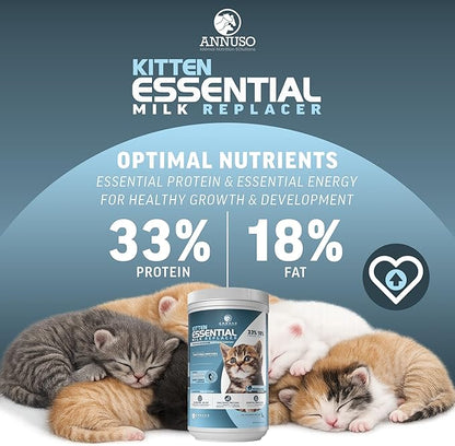 ANNUSO Kitten Essential Milk Replacer, 12oz - 33% Protein & 18% Fat - Complete Nutrition with Probiotics and Key Nutrients, Supports Immunity & Digestion - Easy-Mix Powder