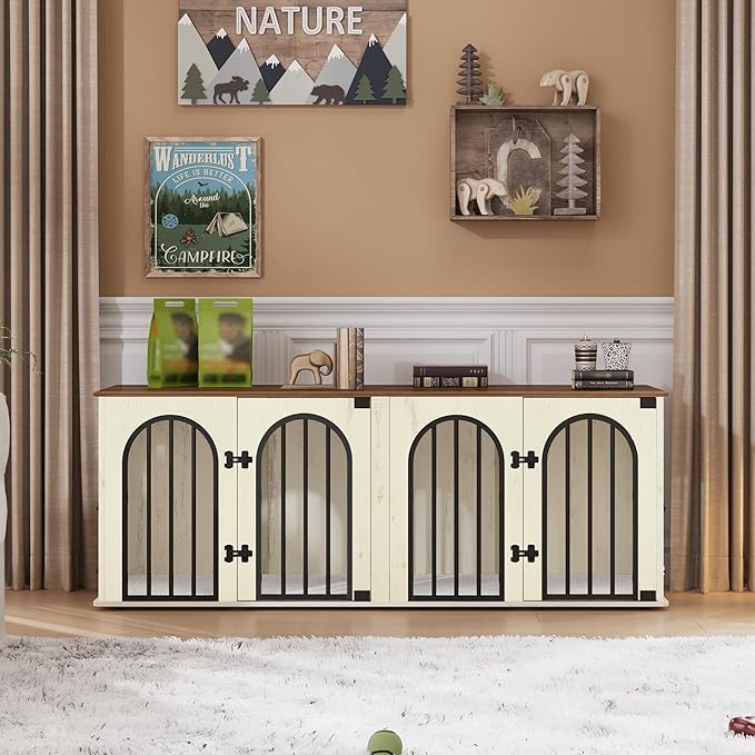 Hzuaneri 63" Dog Crate Furniture for 2 Dogs, Heavy Duty Indoor Dog Kennel TV Stand, L Wooden Dog Cage with Divider for Medium Large Dogs, End Table Dog Crate with Cushion, White Brown DFC80914BV1