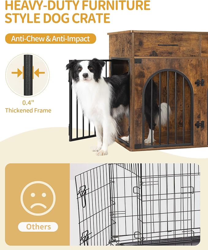 Hzuaneri 39.4'' Dog Crate Furniture with 2 Drawers, Indoor Dog Kennel with Charging Station, Wooden Dog Cage Side End Table Kennel for Medium/Large Dogs, Rustic Brown DFC84201B