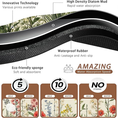 Vintage Flower Botanical Garden Dog Cat Food Mat,Absorbent Pet Feeding Mat for Food and Water,Non-Slip Dog Bowl Mats Floor Protector 12"x20"