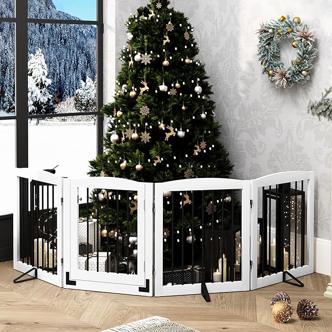 PUPETPO Freestanding Dog Gate with Door, Pet Gate for Stairs, 80 inch Wide Pet Barrier Indoor, Dog Fences Indoor, Support Feet Included, 4 Panels, 24" Tall, White & Black