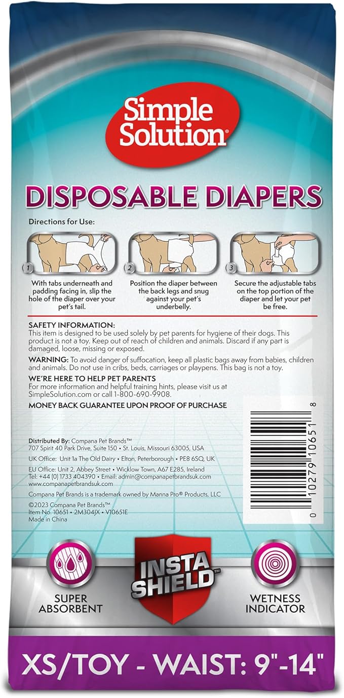 Simple Solution Female Dog Diapers – Disposable Leak-Proof Diapers for Potty Training, Incontinence, and Heat Cycle – Extra Small Fit for 9–14 Inch Waist – 30 Count (Pack of 12)