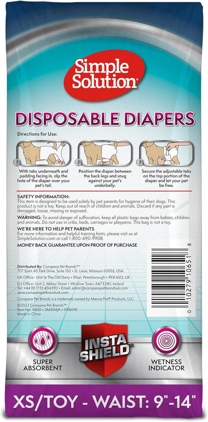 Simple Solution Female Dog Diapers – Disposable Leak-Proof Diapers for Potty Training, Incontinence, and Heat Cycle – Extra Small Fit for 9–14 Inch Waist – 30 Count (Pack of 12)