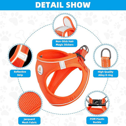 Hipubby Dog Harness and Leash Set, No Pull Soft Mesh Puppy Harness for Small Medium Dogs, Cats - Step in Reflective Breathable Lightweight Vest Harness for Walking, Training - Orange, S