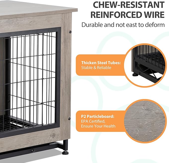 Shintenchi Wooden Dog Crate Furniture for Large Breed, L Double-Door Kennel Indoor with Removable Tray, End Table L Dog Crate for Decoration, 44.1" L, Gray