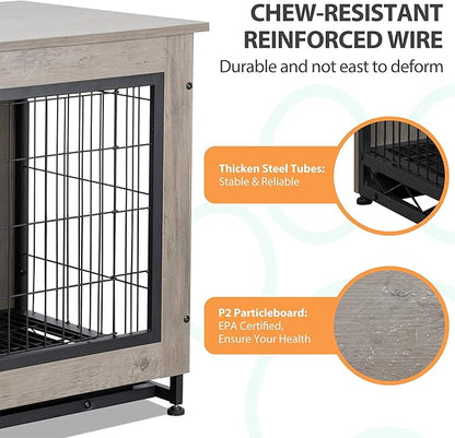 Shintenchi Wooden Dog Crate Furniture for Large Breed, L Double-Door Kennel Indoor with Removable Tray, End Table L Dog Crate for Decoration, 44.1" L, Gray
