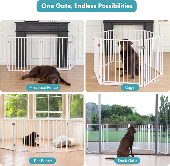 No Pawblems Free Standing Dog Gate with Door, 30'' Tall Foldable Dog Fence for Indoor & Outdoor, Up to 104 Inch Extra Wide Puppy Gate for Stairs, Hallways, Doorways, Deck, Yard (White, 4 Panels)