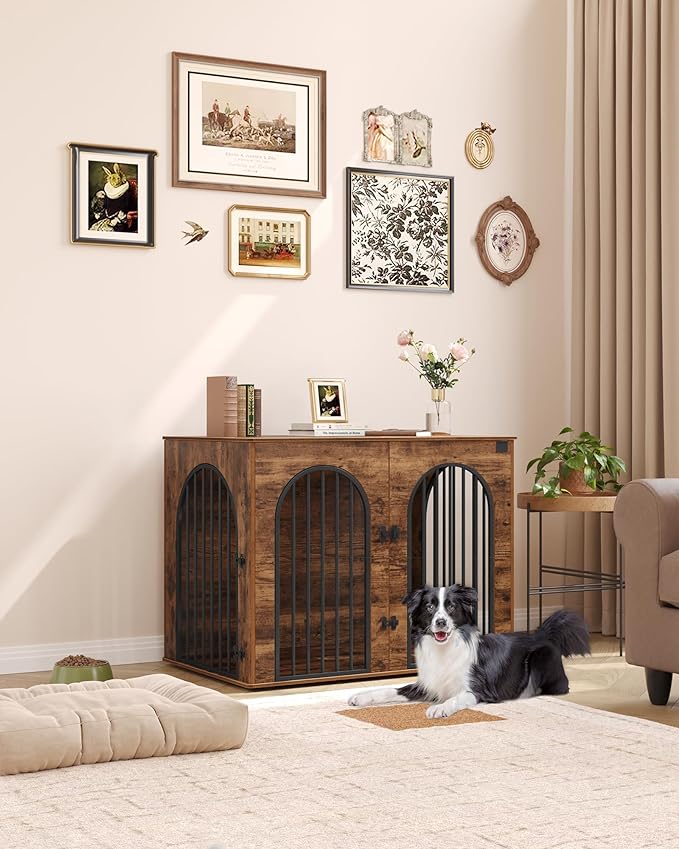 Hzuaneri 44.1" Wooden Dog Crate Furniture, Indoor Dog Kennel Dogs Cage for Small/Medium/Large Dogs, Heavy Duty Dog Crates Decorative Pet House End Side Table TV Stand, Rustic Brown DFC83901B