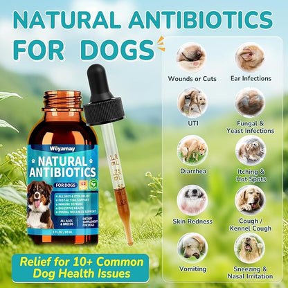 Woyamay Antibiotics for Dogs | Natural Dog Antibiotics for Allergy Relief, Itch Relief, Coughs, Skin Health, Breath Treatment, Digestion | Herbal Supplement to Care for Ears, Eyes & Coat, 4 Fl Oz