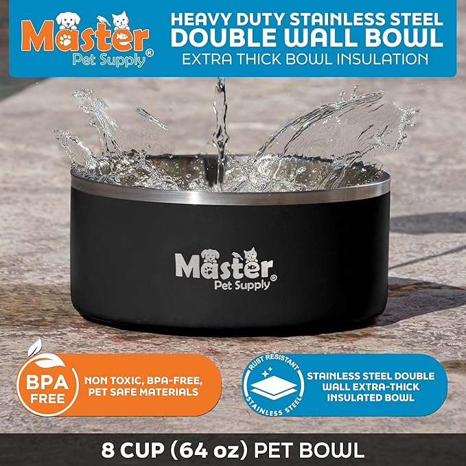 Master Pet Supply Stainless Steel Dog Bowls - 64 oz, Heavy Duty - Black Velvet, Double Wall Extra-Thick Insulated, Non-Slip Pet Water Bowl for Dogs, Cats & Pets, Anti Rust Metal, Dish Washer Safe