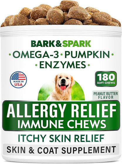 BARK&SPARK Dog Allergy Relief Soft Chews for Skin Health & Seasonal Allergies - Anti-Itch Supplement w/Omega-3, Quercetin & Bromelain Immune Treats for Dry Skin & Hot Spots - Peanut Butter - 180ct