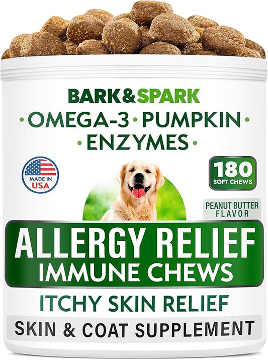 BARK&SPARK Dog Allergy Relief Soft Chews for Skin Health & Seasonal Allergies - Anti-Itch Supplement w/Omega-3, Quercetin & Bromelain Immune Treats for Dry Skin & Hot Spots - Peanut Butter - 180ct