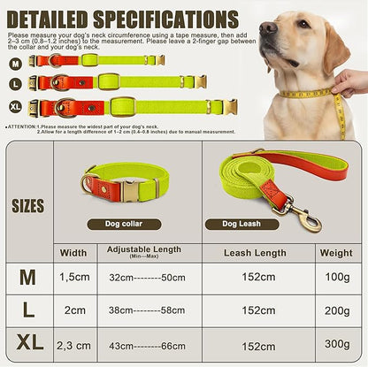 Dog Collar and Leash Set with Metal Quick Release Buckle, Adjustable, Breathable Nylon, Durable, Soft and Comfortable, No Pull for Walking and Training, Fluorescent Yellow, XL (16.9"-26")