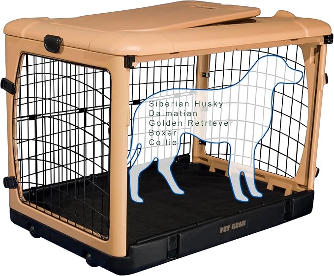Pet Gear “The Other Door” 4 Door Steel Crate for Dogs/Cats with Garage-Style Door, Includes Plush Bed + Travel Bag, No Tools Required, Beige, 42 Inch