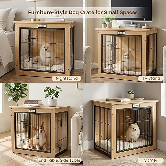 Oak Dog Crate Furniture with Reversible Side Door, Wooden Indoor Dog Kennel for Small Medium Dogs, End Table Dog Crate with Double Locks, Heavy Duty Steel Mesh Furniture Style Dog Cage