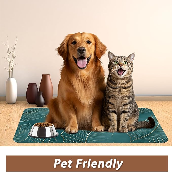 Tropical Palm Leaves Dog Food Mat for Floors,Absorbent Quick-Dry Pet Feeding Mat,Cat Dog Bowl Mats for Food and Water,Non-Slip Pet Accessories Supplies 12"x20"