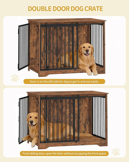 Hzuaneri 43.3" Dog Crate Furniture with Barn Door, Heavy Duty Dog Kennel Indoor with 2 Doors, Wooden Pet Cage End Table for Large Small Medium Dogs, Anti-Chew Anti-Escape, Rustic Brown DFC92301B