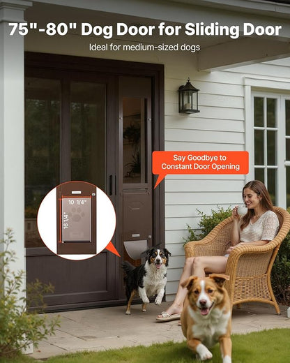 VEVOR Dog Door for Sliding Glass Door, 75 7/8 to 80 11/16 in Adjustable Height, Aluminum Alloy Frame with Rotating Hinges, Lock Design, 10 1/4 x 16 1/4 in Flap, Sliding Glass Pet Door for Renters