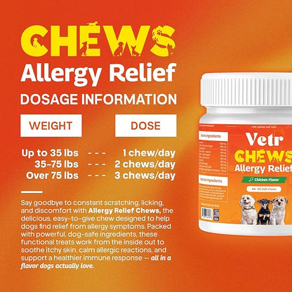 Vetr Allergy Relief Chews for Dogs - Dog Itching Skin Relief, Dog Allergy Treats with Probiotics and Omega-3 - Chicken Flavored 60 Count - Vet-Formulated in USA