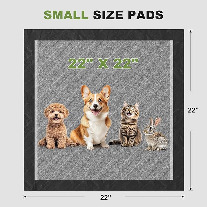 Charcoal Puppy Pads Rugular 22x22 Inches Small Dog Pee Pads Odor-Control & Leak-Proof Disposable Pet Training Black Full Edge-Wrapping Thicken Potty Pad for Dogs, Cats, Rabbits (100 Pieces)